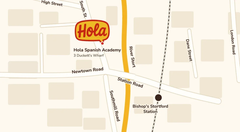 Map of Bishop's Stortford showing Hola Spanish Academy on South Street at Duckett's Wharf, north-west of the railway station
